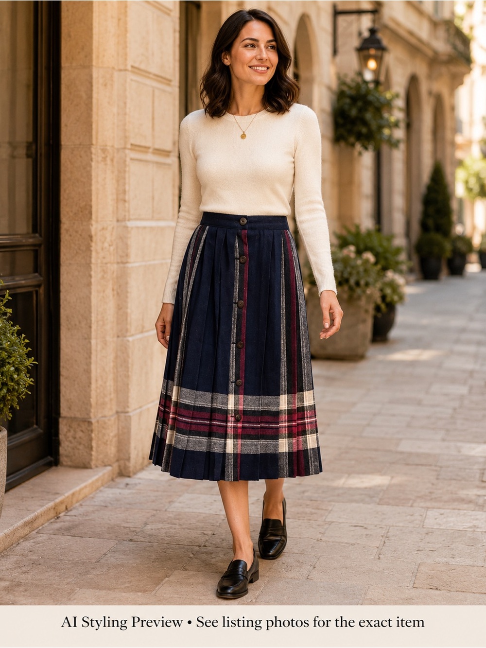 Vintage St. Michael Plaid Pleated Button Front Midi Skirt Wool Blend M